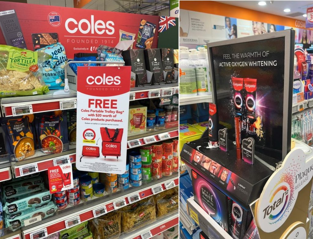 Coles and Colgate posm displays at FairPrice