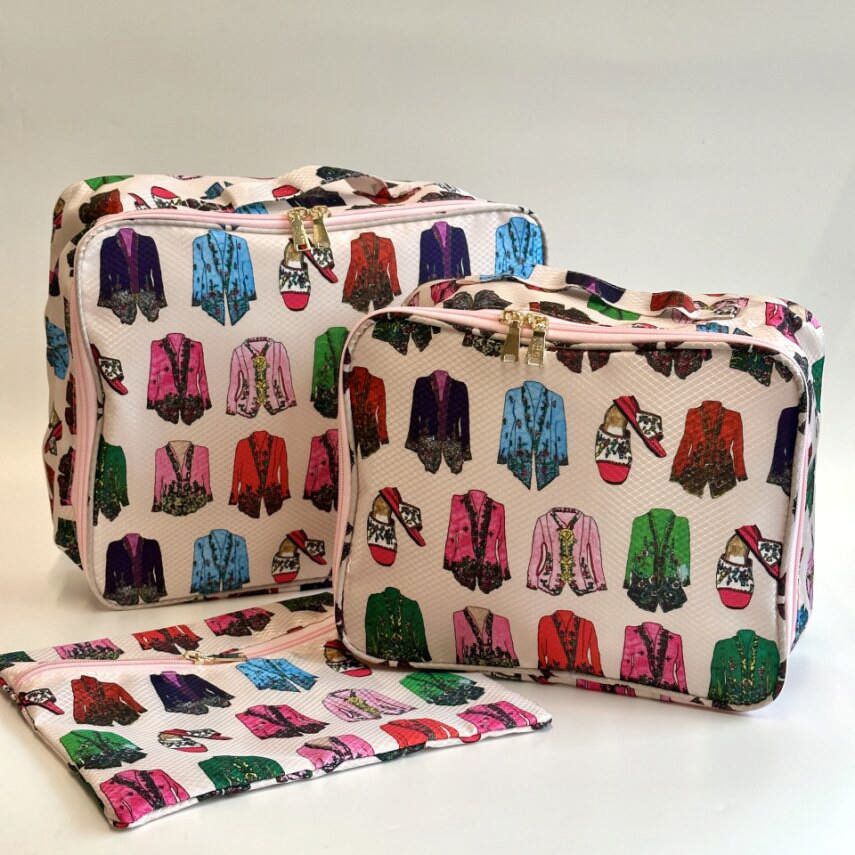 Custom 3-piece travel organizer pouch set featuring artist-designed prints