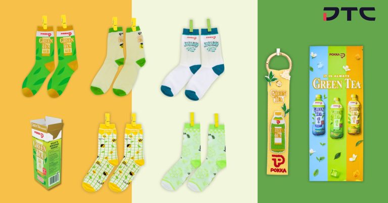 Custom POKKA blind box socks, branded bag strap at House of Green Tea pop-up by DTC World