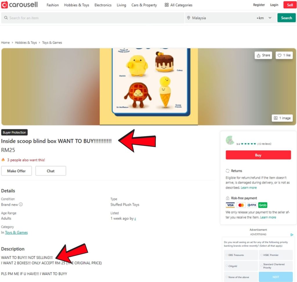 Fans are hunting for the Scoop Squad plushies — even posting on Carousell to buy them after the blind boxes sold out. Source: Carousell