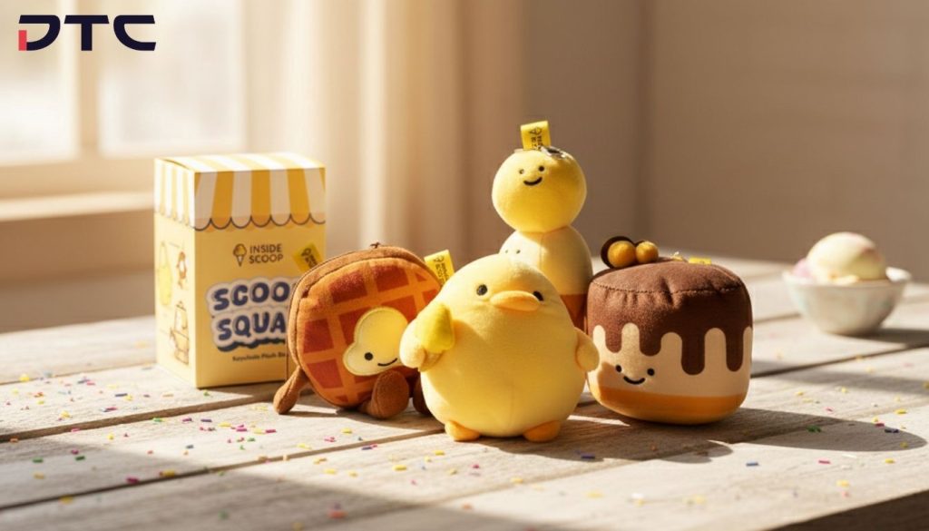 Full set of Inside Scoop plushies and the blind box on a table