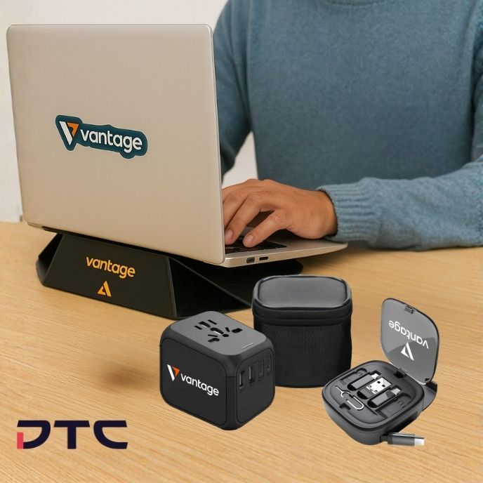 Vantage merchandise; corporate gifts such as travel adapter, laptop stand