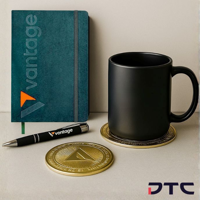 Vantage corporate gifts; premium notebook, pen, coaster
