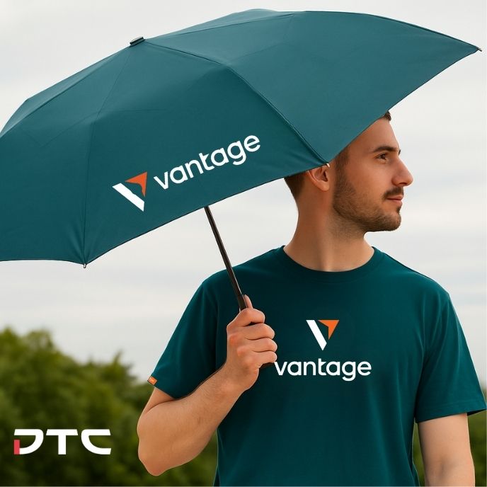 Vantage merchandise: Vantage foldable umbrella and T-shirt