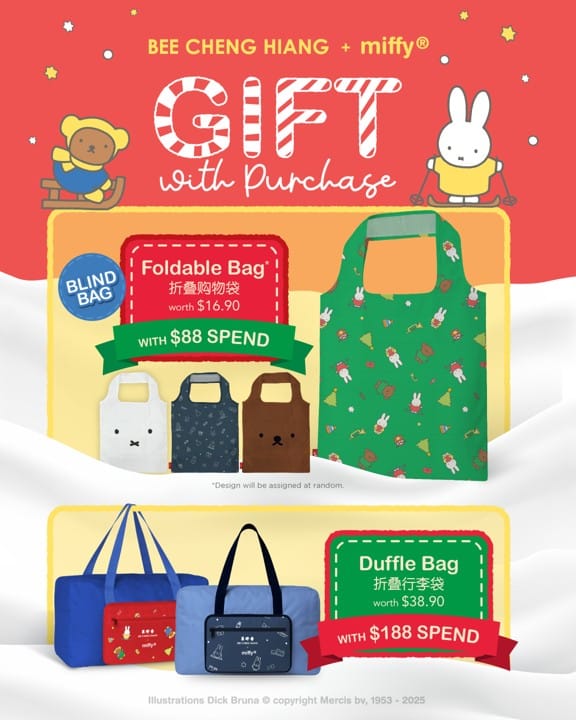 Bee Cheng Hiang + Miffy Christmas gift with purchase promotion - Miffy foldable bags & Miffy Duffle bags produced by DTC World