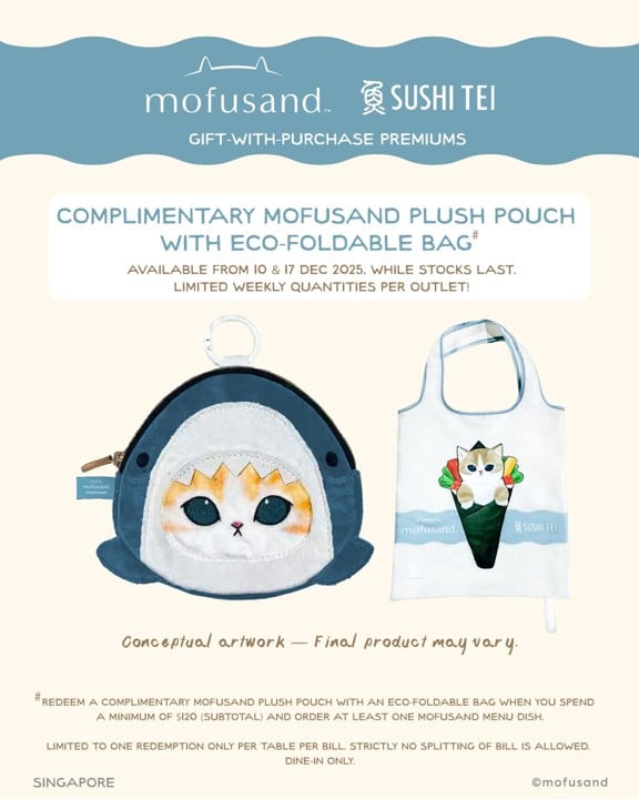 Sushi Tei Mofusand licensed embroidery pouch with foldable eco bag - 3rd design