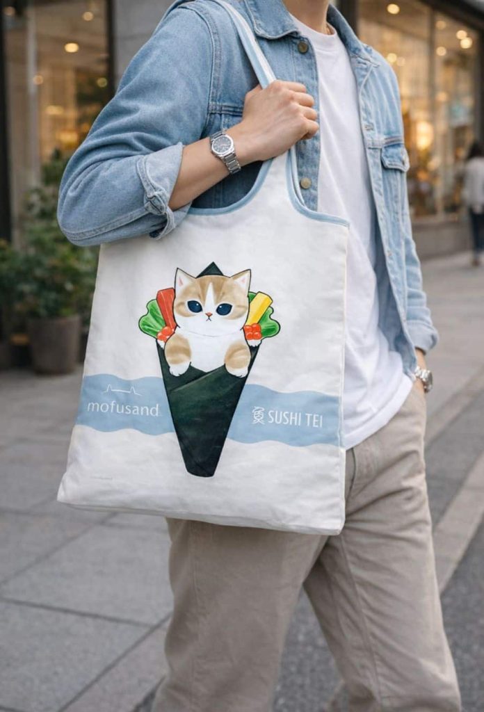 Foldable eco-friendly bag packed inside Mofusand pouch for Sushi Tei promotion