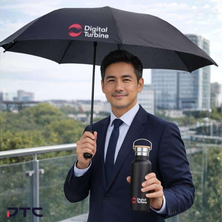 Executive holding branded umbrella and tumbler