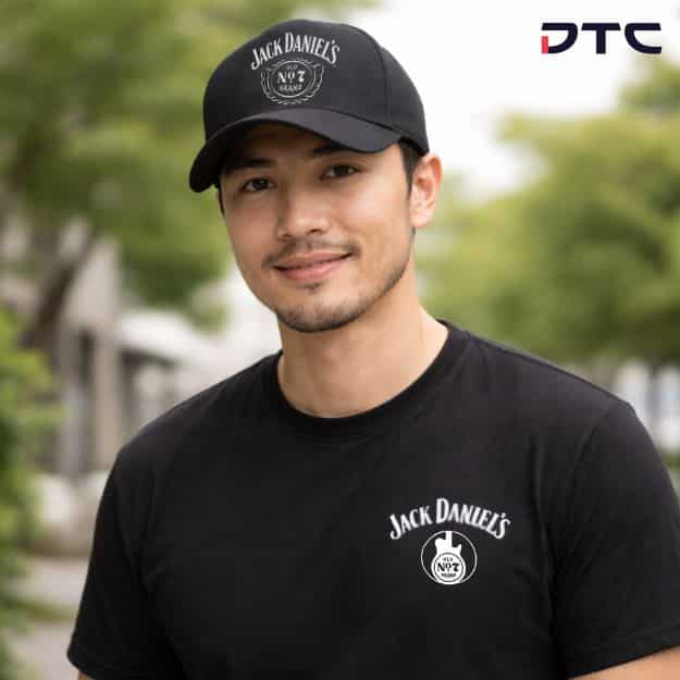 Lifestyle image of person wearing Jack Daniel’s branded cap and t-shirt promotional merchandise