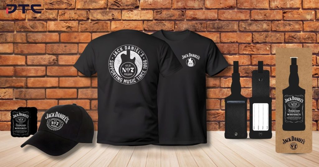 Jack Daniel’s custom promotional merchandise including cap t-shirt luggage tag and iron-on badge