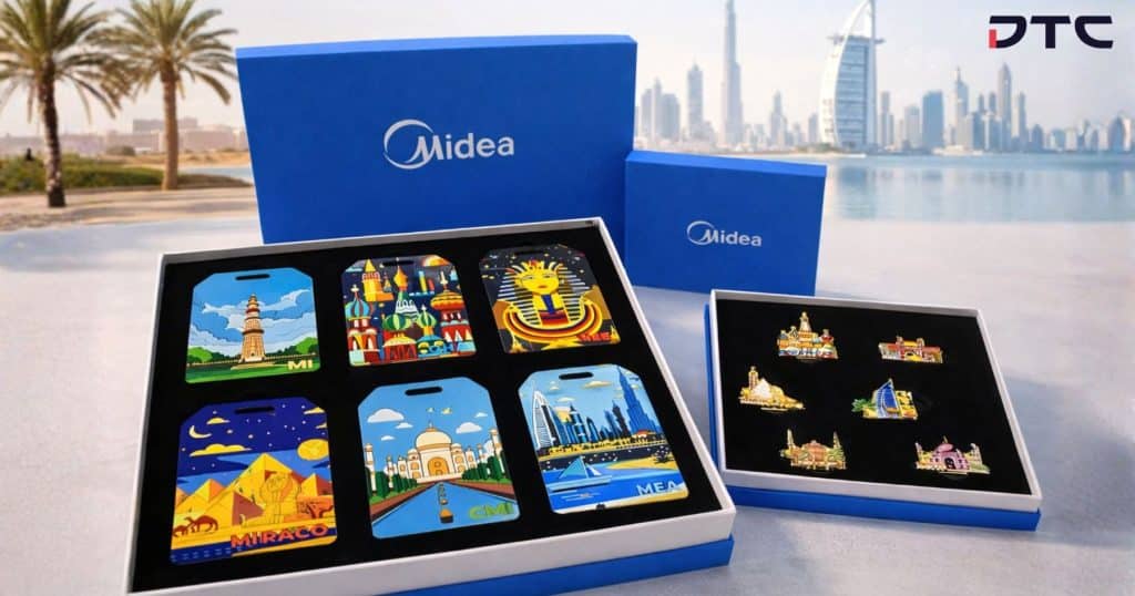 Midea custom luggage tag and enamel pin gift sets corporate event merchandise Dubai
