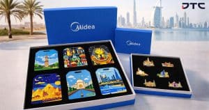 Midea custom luggage tag and enamel pin gift sets corporate event merchandise Dubai