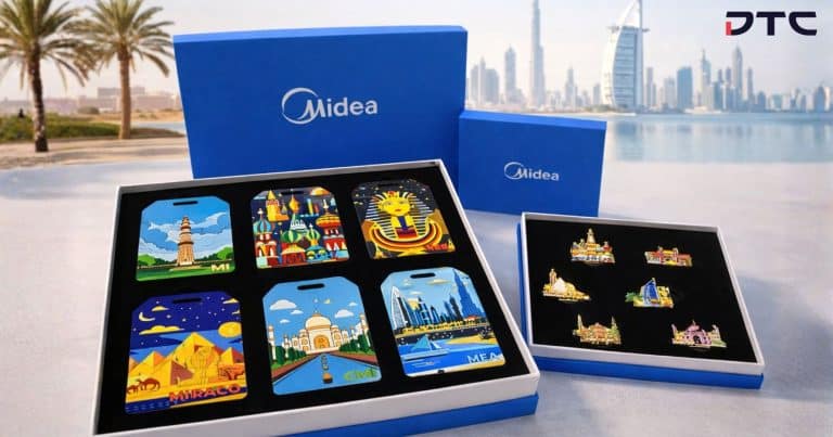 Midea custom luggage tag and enamel pin gift sets corporate event merchandise Dubai