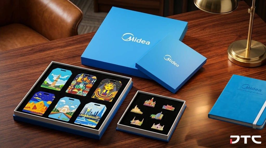 Midea corporate event merchandise including luggage tag and enamel pin gift sets