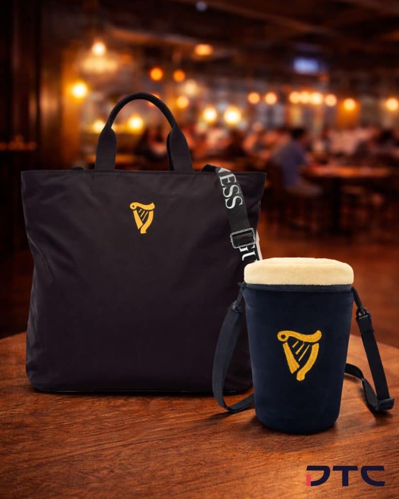 Guinness tote bag and pint shaped plush sling bag promotional merchandise