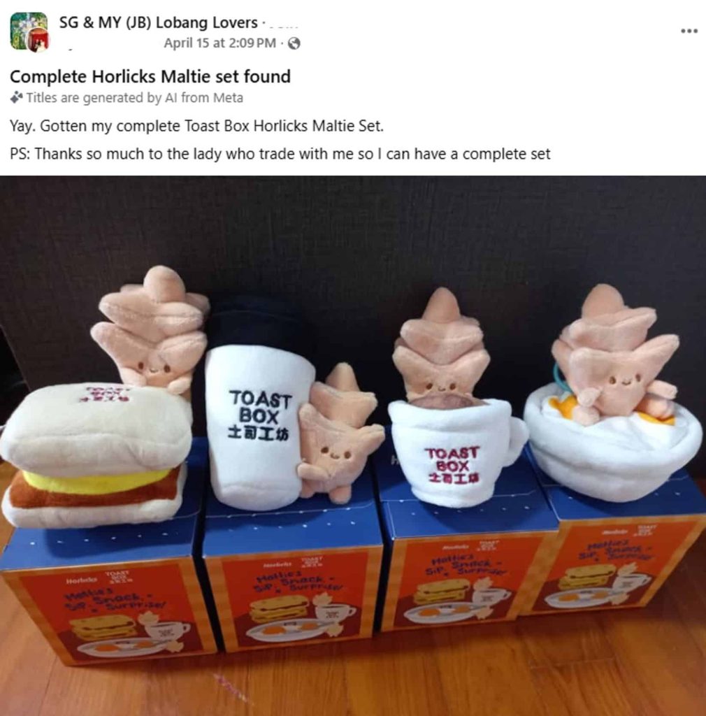 Social media post sharing the full sets of Toast Box x Horlicks plushies