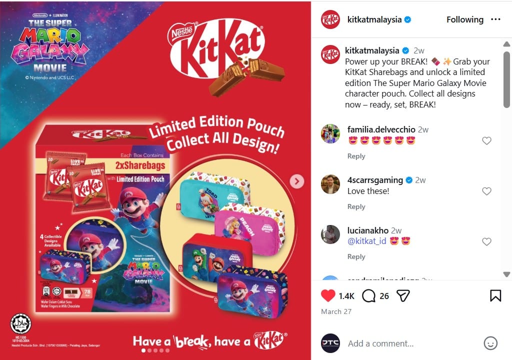 KitKat Super Mario gift with purchase promotion Malaysia featuring limited edition character pouches