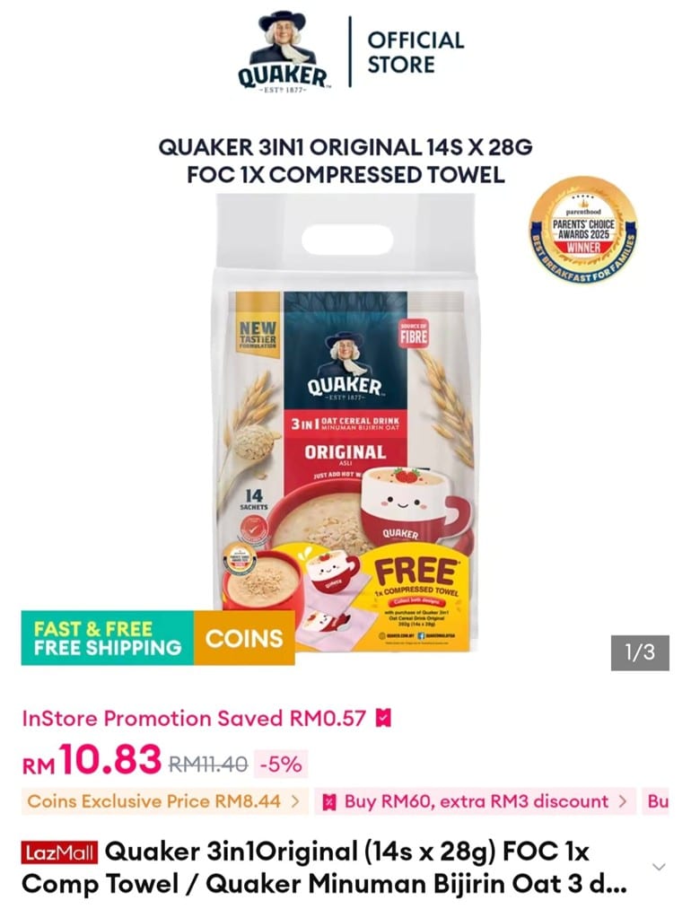 Quaker Oats 3 in 1 pack with free compressed towel promotional merchandise Malaysia