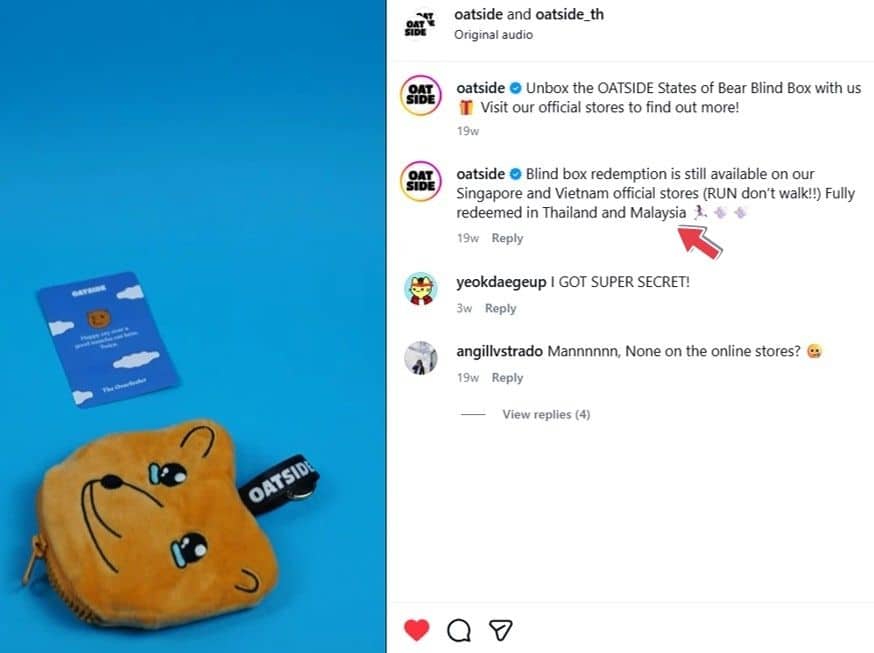 OATSIDE social media post showing strong redemption for mini pouch gift with purchase promotions