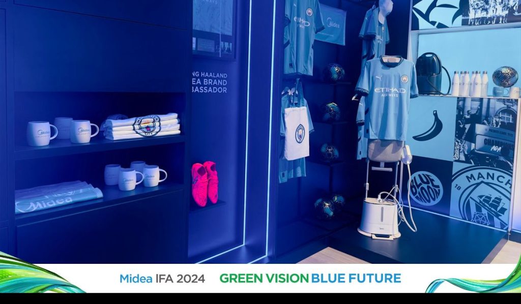Some of the Midea x Manchester City official merchandise at Midea IFA 2024