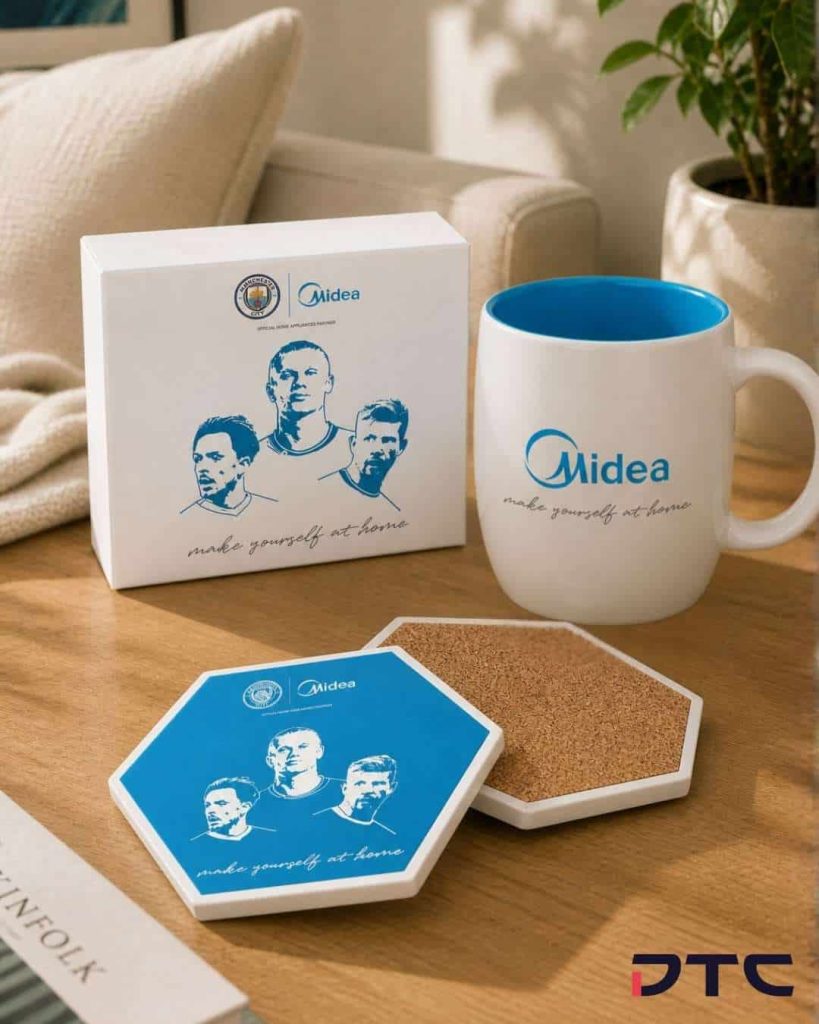 Midea ManCity Ceramic Mug and Coasters promotional merchandise
