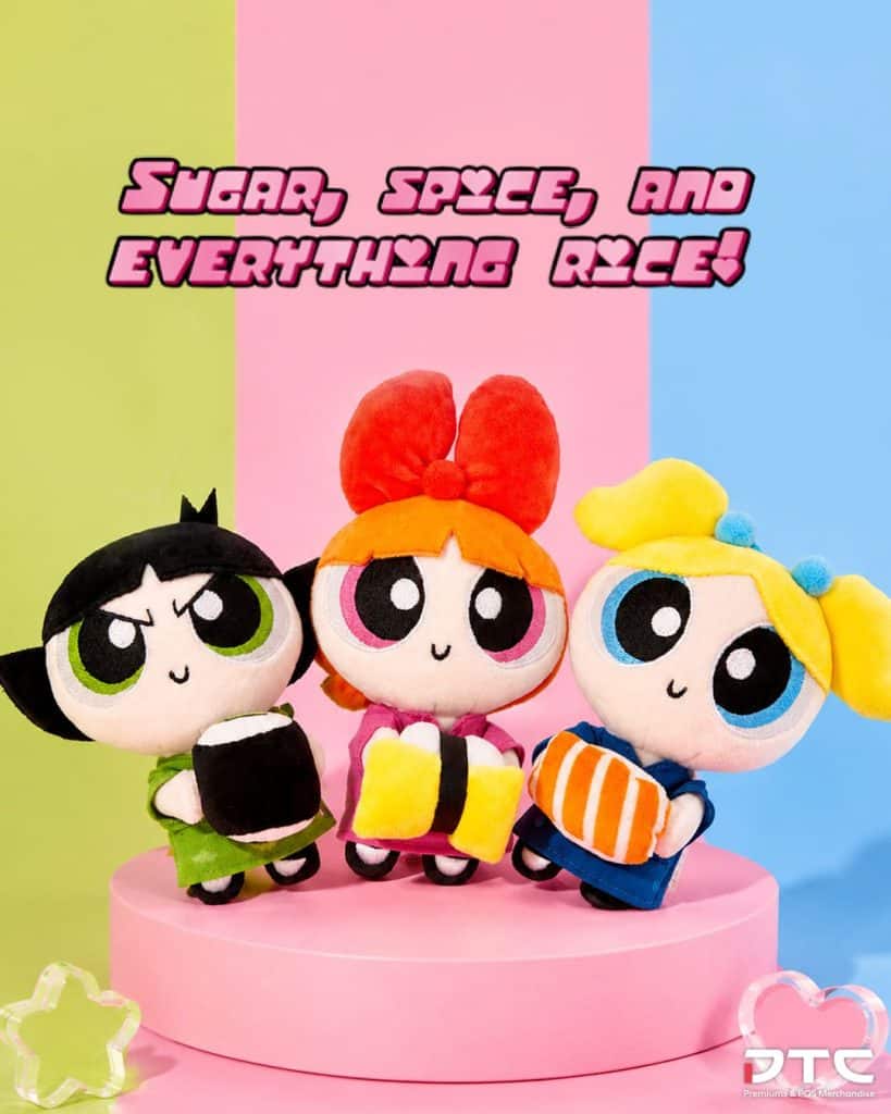 Custom Powerpuff Girls plush collectibles designed with Sushi Express-inspired kimono and sushi elements.