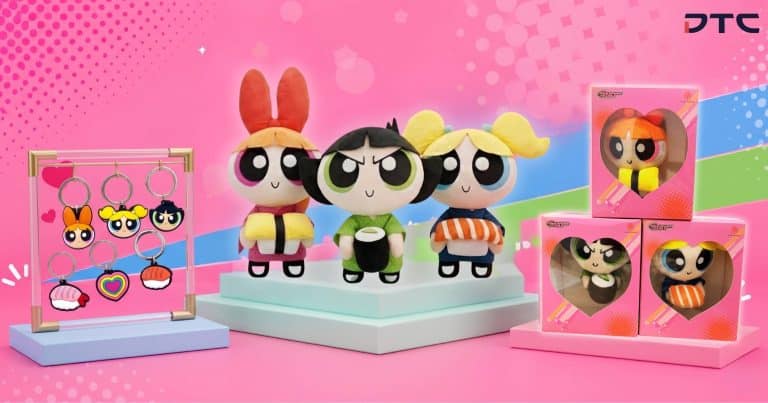 Powerpuff Girls merchandise developed for Sushi Express, featuring collectible plush, keycharms and flight tags designed for campaign engagement.
