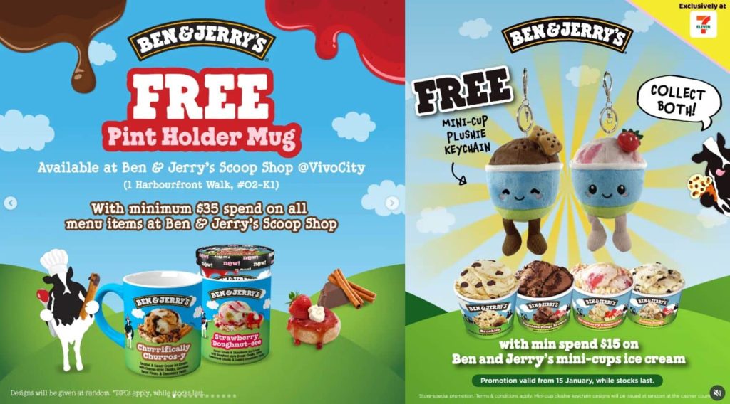 Ben & Jerry's promotional merchandise including mini plush cups and custom mugs