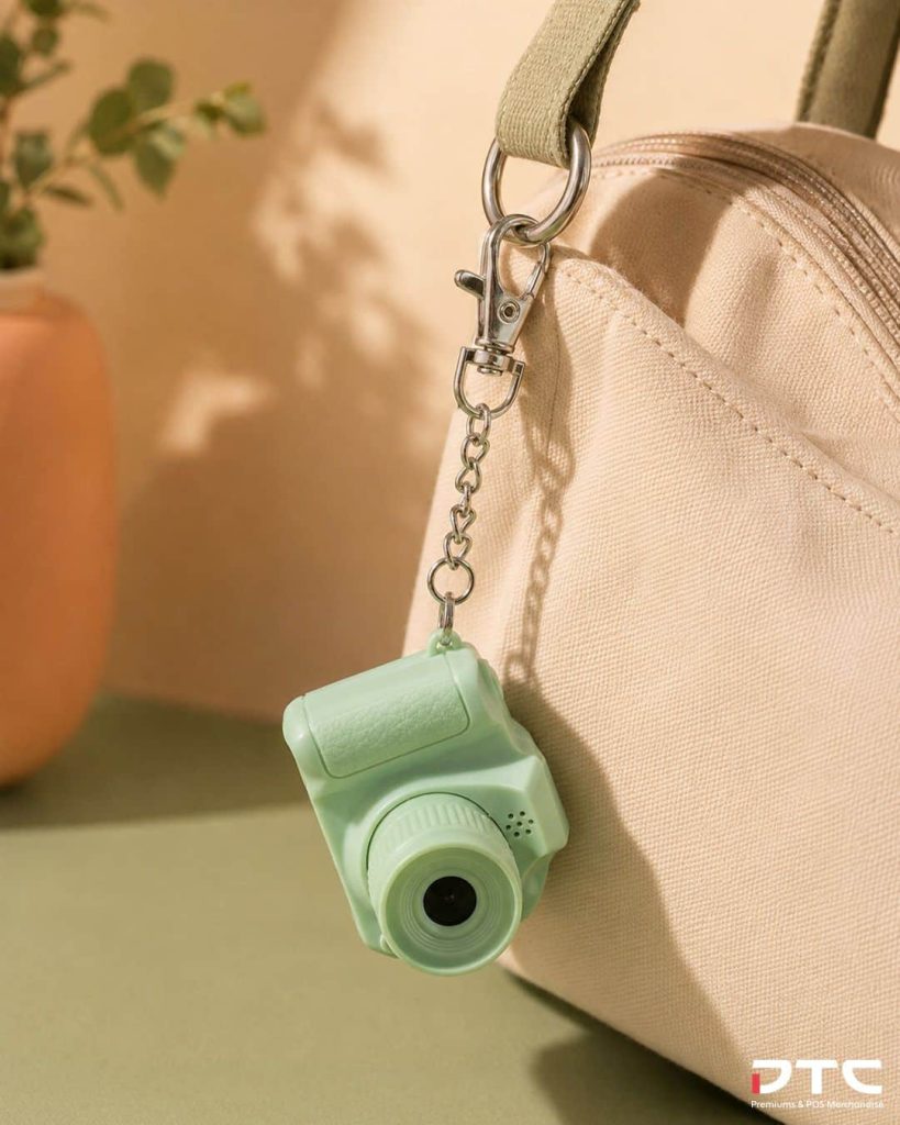 Custom branded mini camera in pistachio green for the Magnum product launch