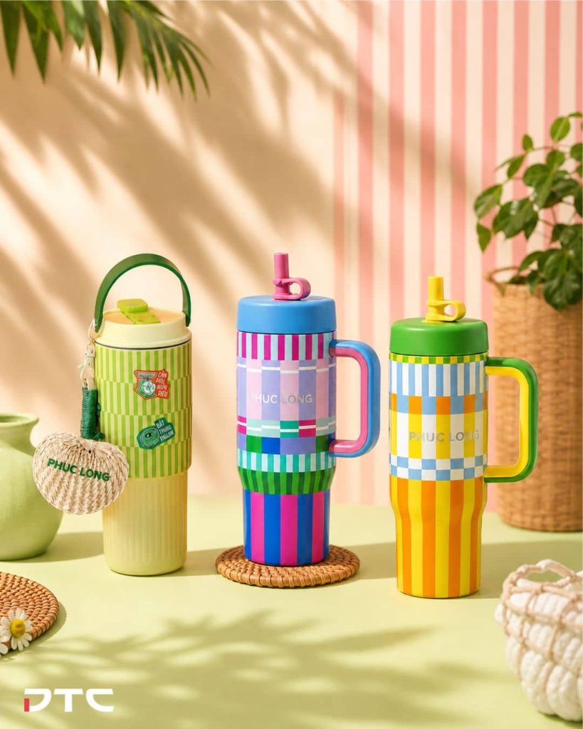 Three Phuc Long custom thermal bottle designs produced across two summer merchandise drops