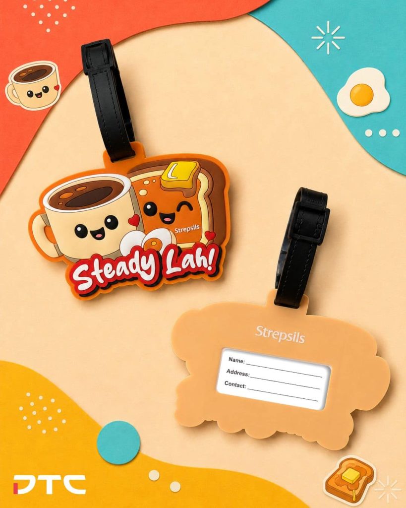 Strepsils coffee and toast luggage tag with Singlish-inspired design