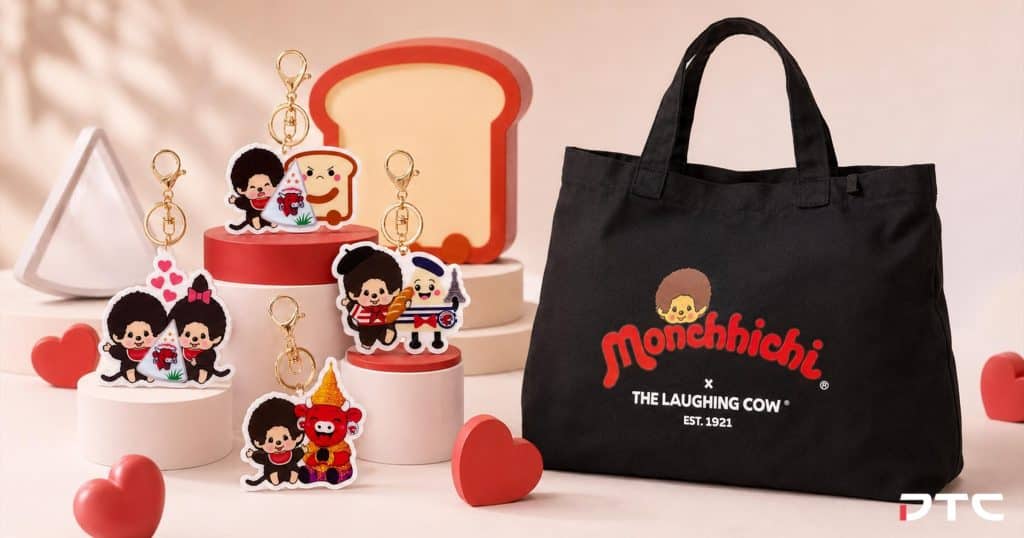 The Laughing Cow × Monchhichi tote bag gift-with-purchase campaign in Malaysia with collectible keychain