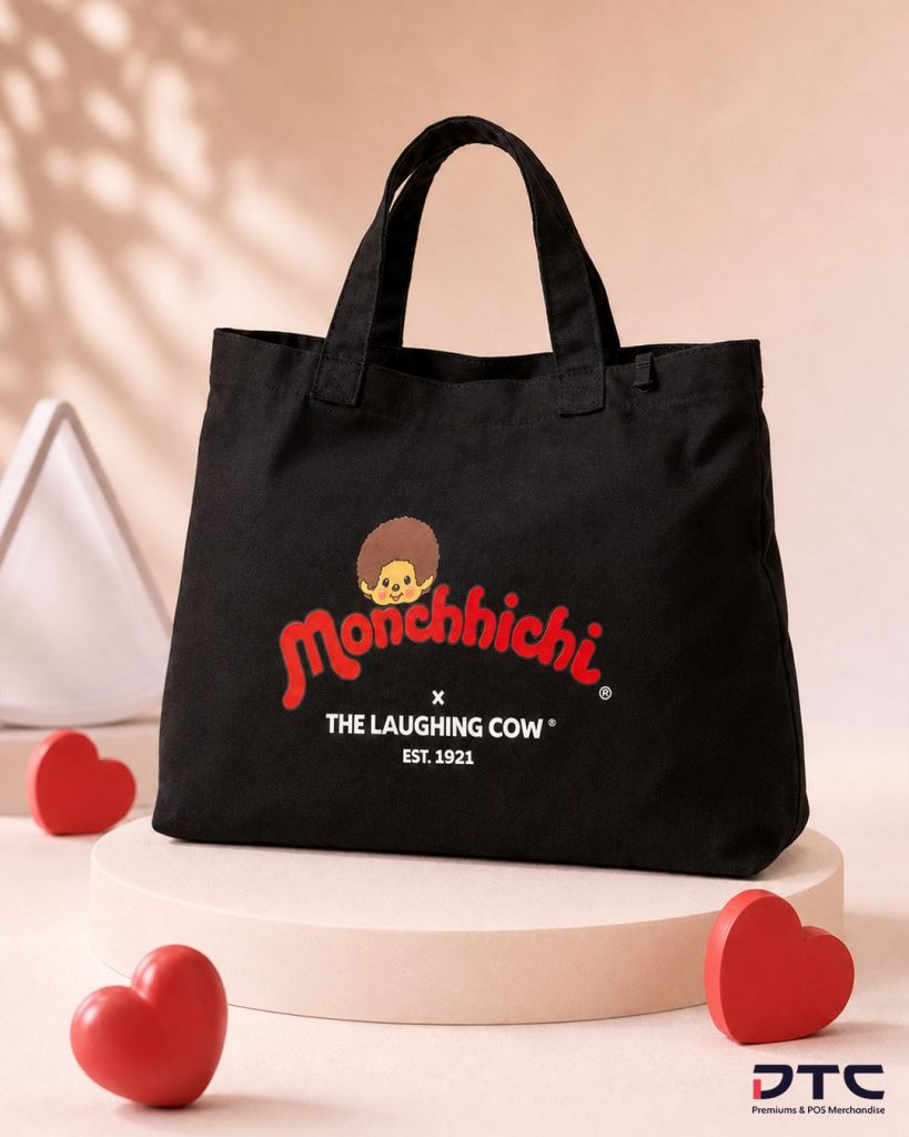 The Laughing Cow × Monchhichi reusable tote bag from the licensed gift-with-purchase collection