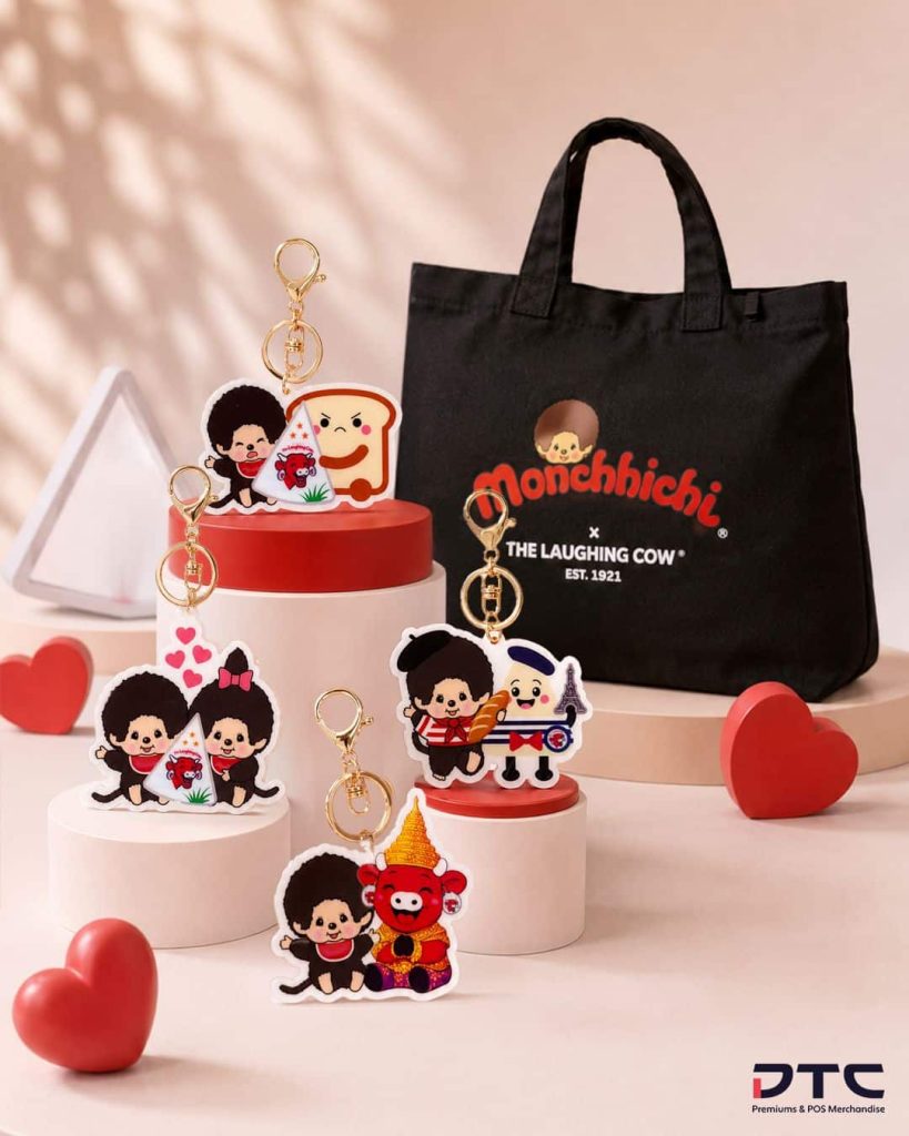 The Laughing Cow × Monchhichi licensed tote bag and collectible keychains in Malaysia produced by DTC World