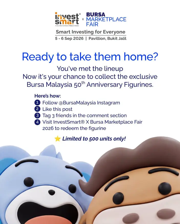 Event participation details showing how visitors could redeem a Bursa Malaysia 50th anniversary figurine.