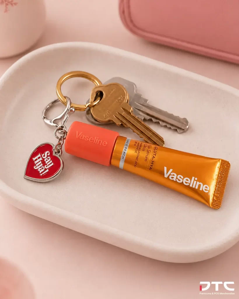 Colour-matched Vaseline Gluta-Hya keychains inspired by the Lip Serum Gloss range