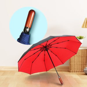 Foldable Automatic 3-Fold Travel Umbrella with Wooden Handle