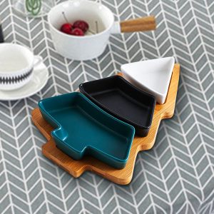 Christmas-tree Inspired Ceramic Platter Set with Bamboo Tray