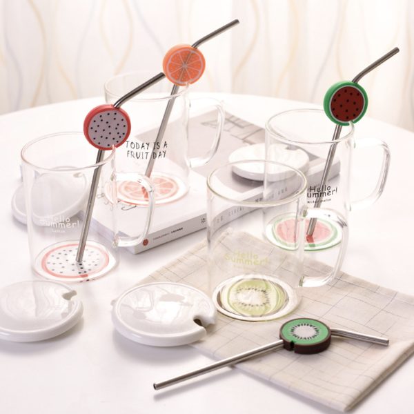 Fruity Glass Cup with Straw & Lid (450ml)