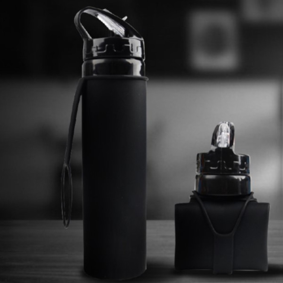 Black Squeezy Silicone Water Bottle with Straw