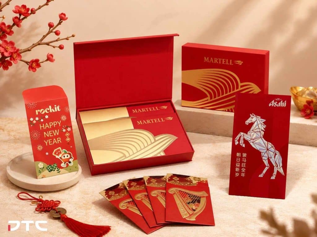 Custom red packets produced by DTC World, each shaped around the brand’s own identity, audience and Lunar New Year campaign concept.