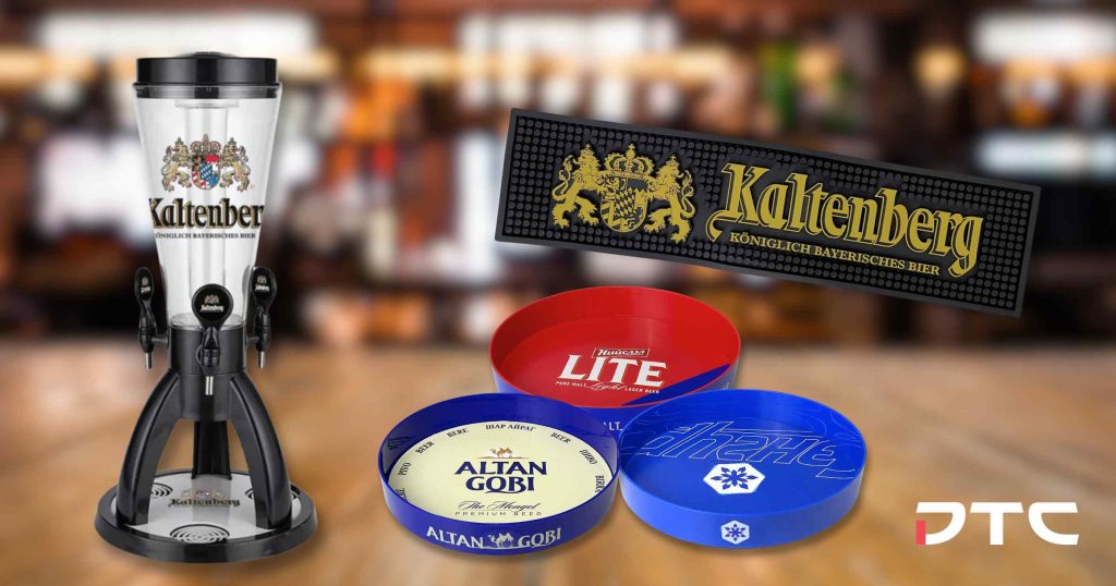 kaltenberg beer tower, kaltenberg bar mat and 3 bar tray for companies LITE, Altan Gobi and Sengur