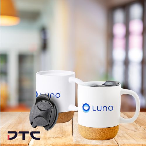 Customised mug with cork base and lid for LUNO