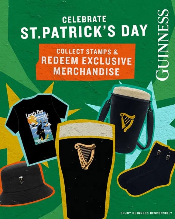 Guinness 2026 event promotional merchandise displayed at St Patrick’s Day festival Singapore