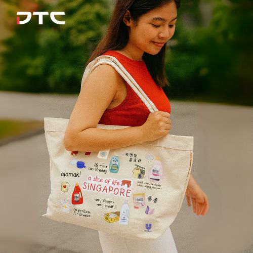Unilever SG60 GWP tote bag featuring Singlish phrases and cultural icons.