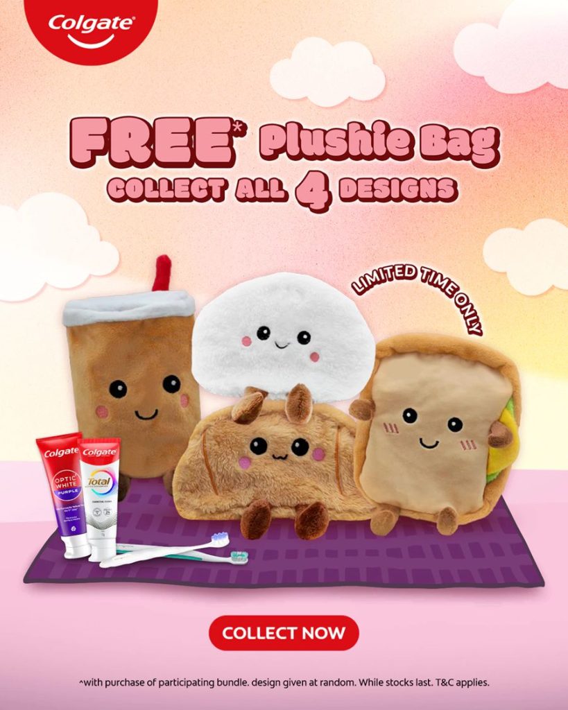 Colgate custom plush gift with purchase – designed by DTC World with local snack-inspired characters: pao, croissant, bread loaf, and milk tea