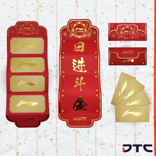 Li-Ning 2024 Chinese New Year premium gift set with gold foil notebook, pen, pin badges, and red packet holder.