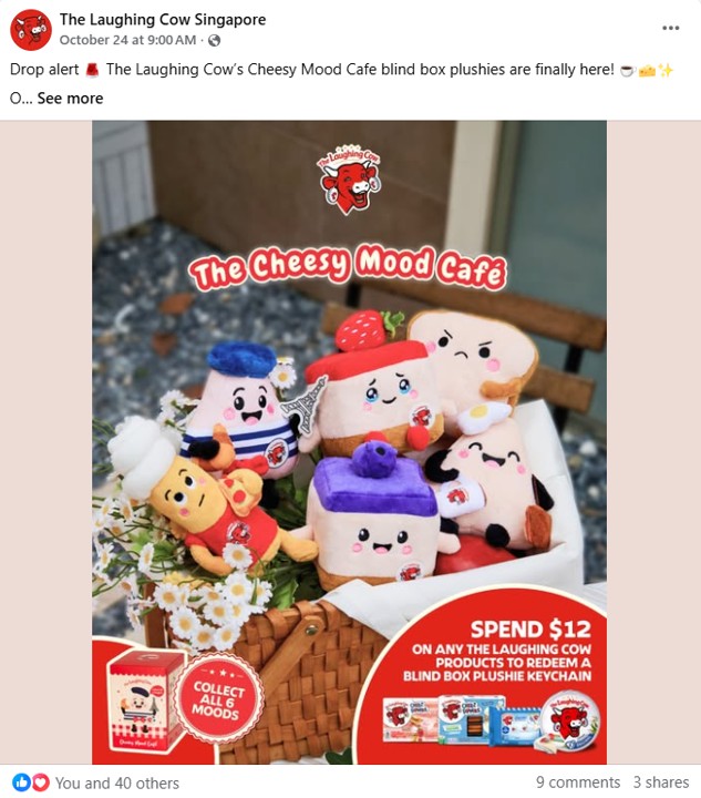 The Laughing Cow Singapore. blind box plushie keychain GWP social media post