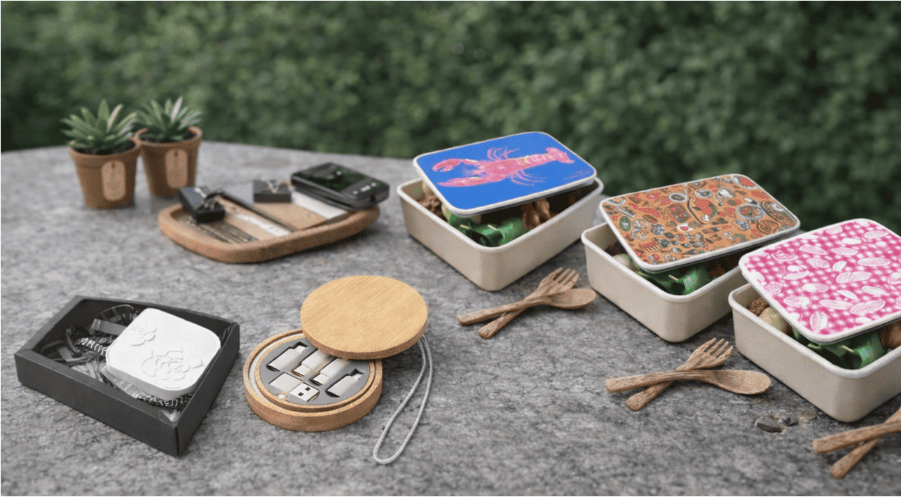 Sustainable Corporate Gifts - aroma stone, lunchbox, cork wireless charger, wooden USB travel charging set