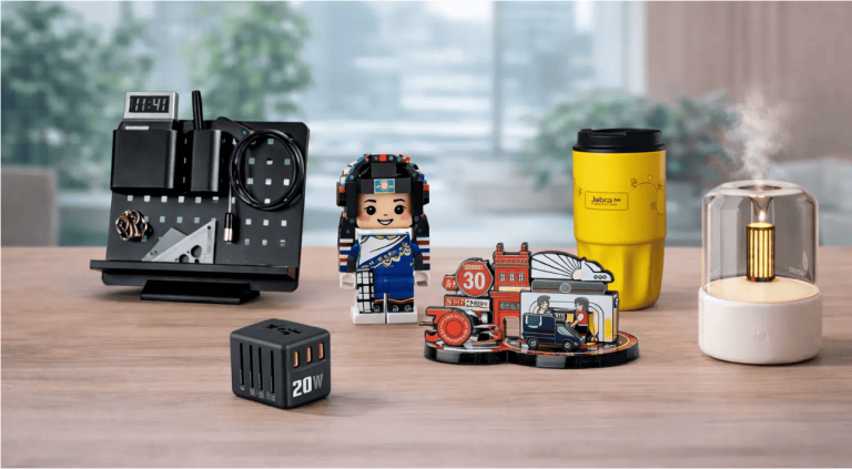 corporate gift - figurine, mug, aroma diffuser, travel adaptor, desktop organizer